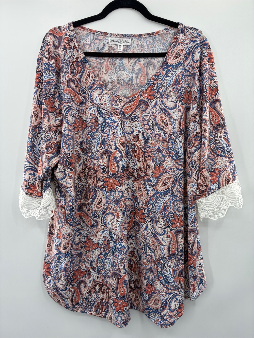 Stem & Vine Paisley Lace-Trim Blouse - Blue & Rust size 3X